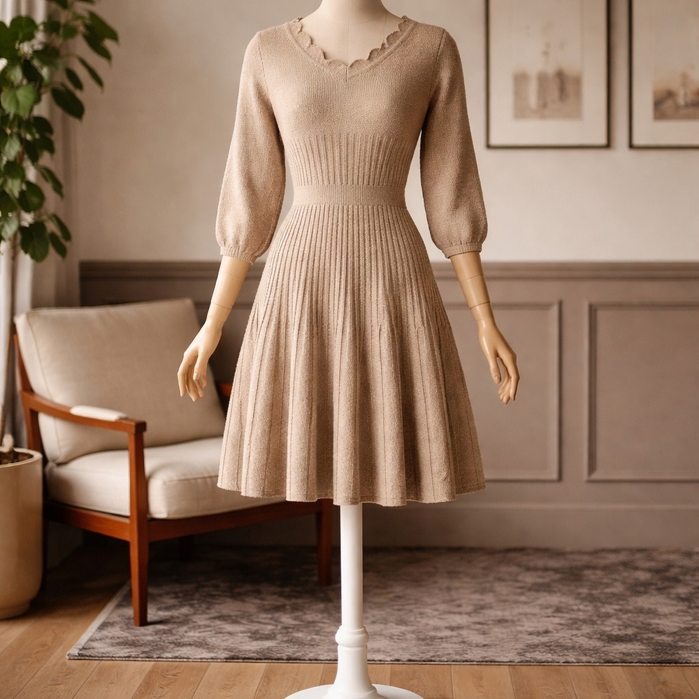 Nanette Lepore Taupe Knit Scalloped V-Neck Fit-and-Flare Dress